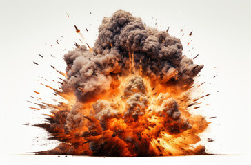 Extremely hot fiery explosion with sparks and smoke, against white background - obrazy, fototapety, plakaty