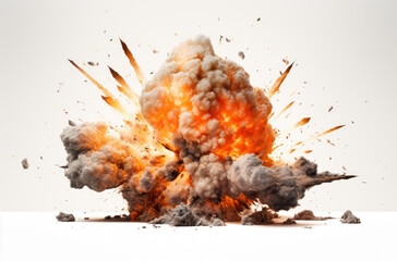 Extremely hot fiery explosion with sparks and smoke, against white background - obrazy, fototapety, plakaty