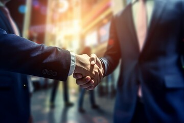 AI generated illustration of two successful businessmen shaking hands in a bustling street at night