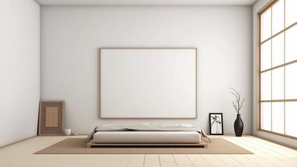 AI generated illustration of a bedroom decorated in a modern style with a frame on the wall