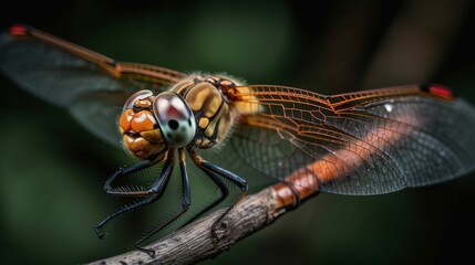 Macro shot of a vibrant dragonfly on a twig. AI-generated. - obrazy, fototapety, plakaty