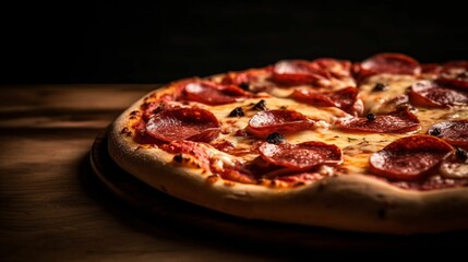 Delicious pepperoni pizza on a wooden table against a dark background. AI-generated.