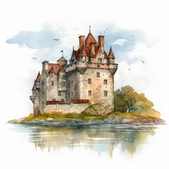 AI generated illustration of a majestic castle near a lake in a watercolor style