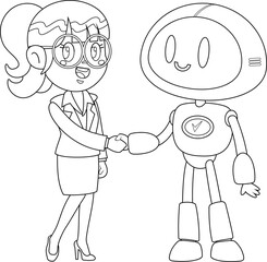 Outlined Business Woman And AI Robot Cartoon Characters Shaking Hands At Meeting. Vector Hand Drawn Illustration Isolated On Transparent Background