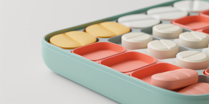3d close-up of a pill organizer filled with various colored tablets or capsules,  medication management. Organized Medication in Pill Divider. 