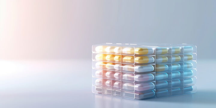 3d close-up of a pill organizer filled with various colored tablets or capsules,  medication management. Organized Medication in Pill Divider. 