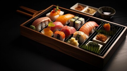AI generated illustration of fresh, delicious sushi platter with different types of sushi rolls