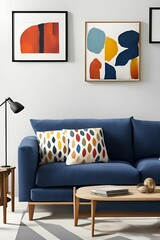 contemporary artwork hung on a wall in a cozy living room setup featuring a couch and table