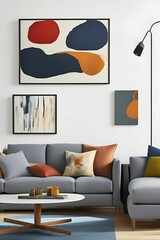 contemporary artwork hung on a wall in a cozy living room setup featuring a couch and table