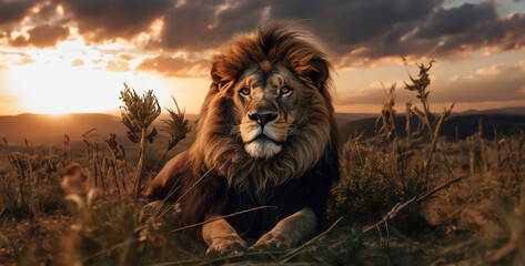 lion in the sunset, Lion in savannah sharper than reality - obrazy, fototapety, plakaty