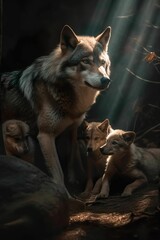 AI generated illustration of a majestic mother wold with babies in the wild