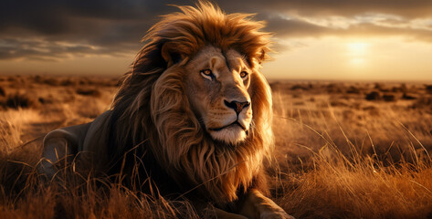 male lion in the sun, lion in the sunset, Lion in savannah sharper than reality