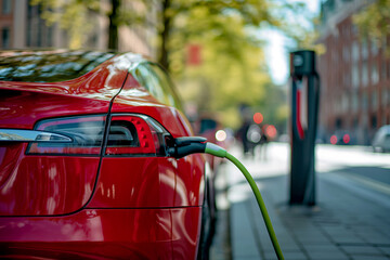 Red electric car charging on the street connected to a charger on a sunny sunset