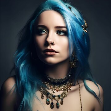 AI generated illustration of a confident young woman with blue hair and unique jewelry