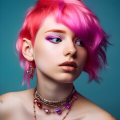 AI generated illustration of a confident young woman with pink hair and unique jewelry