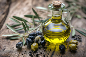 Olive oil in a glass bottle and olives on a wooden table