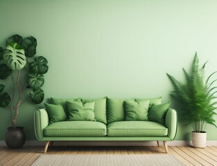 AI generated illustration of a contemporary living room with a stylish green sofa and a houseplant