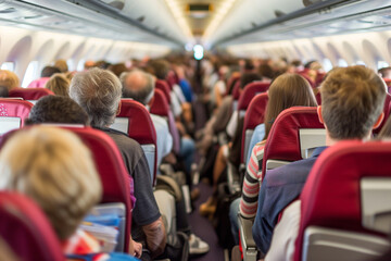Passengers in airplane cabin. Airplane interior with seats and people