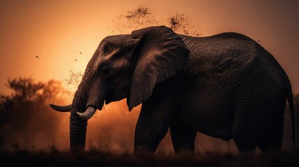 AI generated elephant with long tusks standing silhouetted against a vibrant red sunset sky