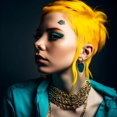 Naklejka na ściany i meble AI generated illustration of a confident young woman with yellow hair and unique jewelry
