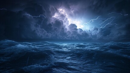 Dramatic view of a nocturnal ocean storm, with lightning illuminating dark, heavy clouds and rough seas. 8k - Powered by Adobe