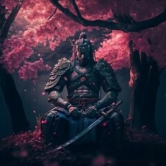 AI generated illustration of a japanese samurai warrior sitting under a blossom tree