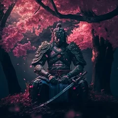 Foto op Canvas AI generated illustration of a japanese samurai warrior sitting under a blossom tree © Wirestock