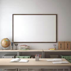 School classroom with desks and blank board closeup and copy space