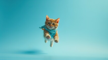 Obraz premium superhero cat, Cute orange tabby kitty with a blue cloak and mask jumping and flying on light blue background with copy space. The concept of a superhero, super cat, leader, funny animal studio shot