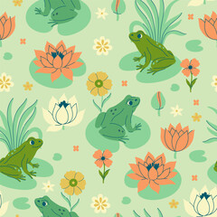 Obraz premium Seamless pattern with frogs and water lilies. Vector graphics.