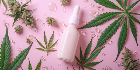 Cannabis-Infused Skincare Oil. Dropper bottle with body milk and cannabis leaves and buds, CBD-infused beauty products package concept.