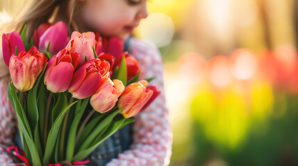 Close-up of a girl holding a bouquet of tulips