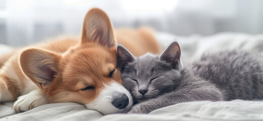 Corgi Puppy and Gray Kitten fritnds together Closeup. Cute dog and a baby cat cuddling on a white minimal room interior.