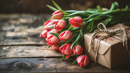 Bouquet of tulips and gift box on a wooden background