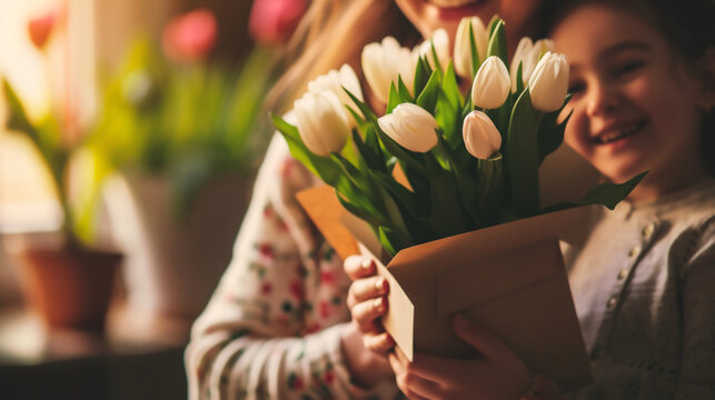 Cropped image of mother and daughter holding bouquet of white tulips and gift box