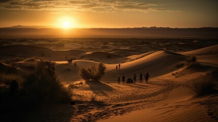 AI-generated illustration of a group of people standing on the sandy terrain of a desert at sunset.