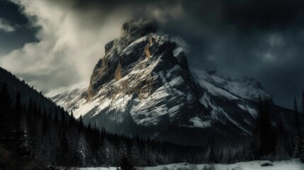 AI-generated illustration of a snowy mountain peak covered with clouds.