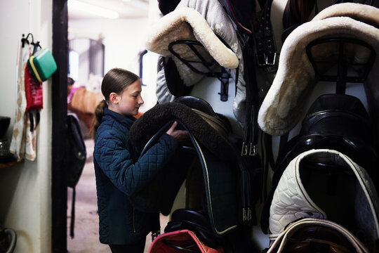 Girl in stable choosing saddle