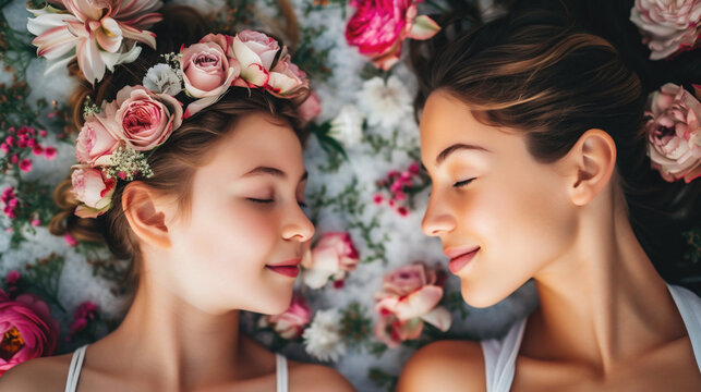 top view of mother and daughter in floral wreaths lying on bed