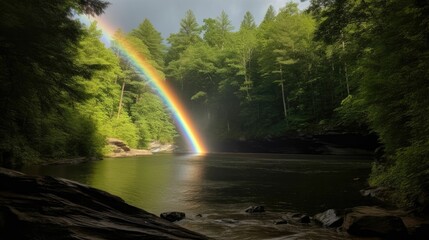 AI-generated illustration of a vibrant rainbow arching over a tranquil lake surrounded by greenery.