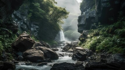 Naklejka na ściany i meble AI-generated illustration of a waterfall cascading through a rocky gorge.