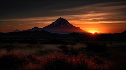 AI-generated illustration of a valley and mountain range at the stunning sunset.