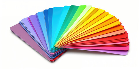Rainbow Color Swatches Fan. A vibrant color spectrum displayed on a fan of swatches assortment to choose wallpaper color, isolated on white background, copy space.