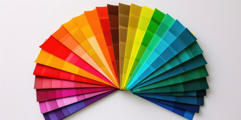 Rainbow Color Swatches Fan. A vibrant color spectrum displayed on a fan of swatches assortment to choose wallpaper color, isolated on white background, copy space.