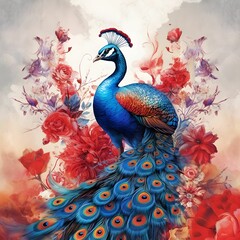 AI generated illustration of a peacock with an array of dazzling hues adorning its feathers