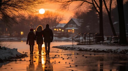 people walking through the snow on a frozen surface at sunset