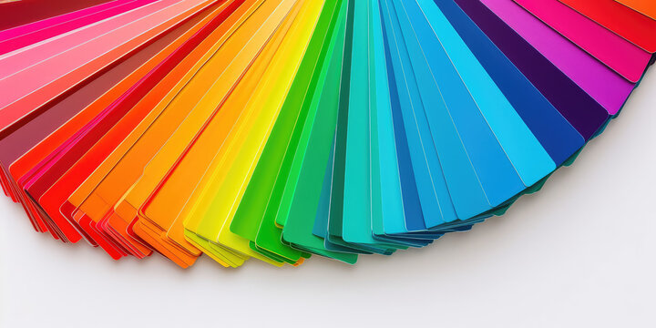 Rainbow Color Swatches Fan. A vibrant color spectrum displayed on a fan of swatches assortment to choose wallpaper color, isolated on white background, copy space.