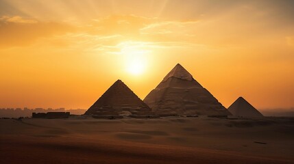 AI generated illustration of the Pyramids of Giza during a beautiful sunset