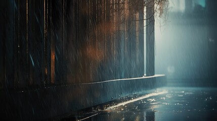 Narrow alleyway illuminated by a gentle streetlight during rain at night. AI-generated. - obrazy, fototapety, plakaty