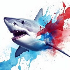 AI generated illustration of a shark with a colorful abstract splash of paint on the back